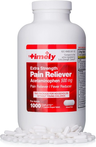 [BRSW2FT5O57RMD3L] Timely Acetaminophen 500 MG Tablets 1000 Count - Extra Strength Pain Relief - Compared to the active ingredient in Extra Strength Tylenol - Menstrual Cramps, Fever Reducer, Minor Pain of Arthritis