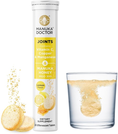 [BRSRMA32DEIBYEL2] Manuka Doctor Joints * Kasdienės bendros paramos priedas su Manuka Honey, Vitaminas C, Varis ir manganas skatinti bendrą sveikatą, Lemon Sfeor, 20 Effervext tablečių