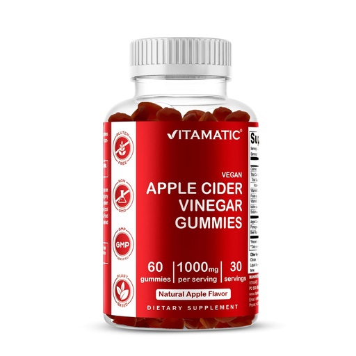 [BRSW22TYAUMWG33V] Vitamatic Apple Cider Vinegar Gummies - 1000mg per Serving - 60 Vegan Gummies - ACV Gummies for Detox, Weight Loss Support, Energy Boost, Digestion & Gut Health