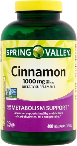 [BRSROAQBCJYQ2DLA] Spring Valley Canela Suplemento Dietário, 1000 mg, 400 Cápsulas Vegetarianas - Apoio ao Metabolismo. Inclui o adesivo.
