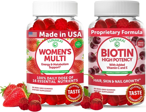 [BRSRABITPJ7QM3DA] Lunakai USA Made Womens Multivitamin & Biotin Gummies Bundle – Energy & Hair, Skin, Nail Support – Naturally Flavored – 60 Non-GMO Gummies Each