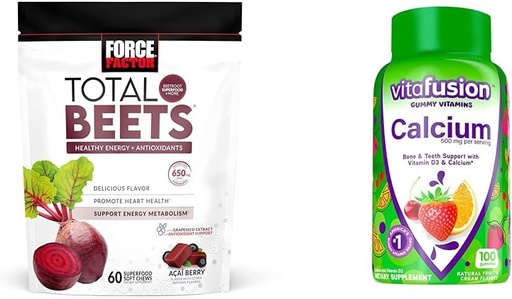 [BRSRAYYYBYFRGHY4] Force Factor Total Beets Chews for Heart Health with vitafusion Calcium Gummies for Bone & Teeth Support, 60 & 100 Count