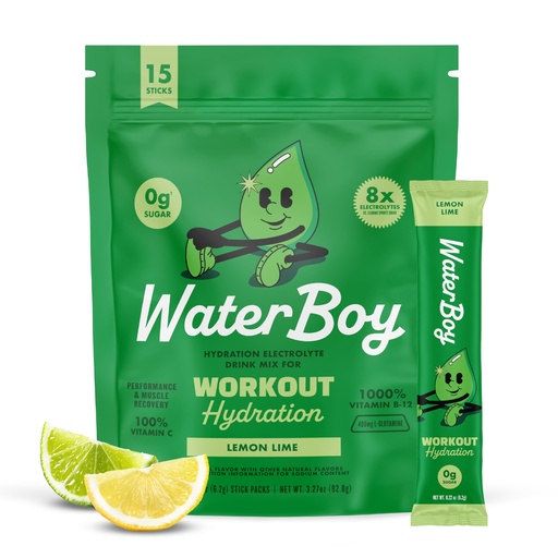 [BRSRMFIYBZ6GEAA4] Waterboy Workout Hydration | 2,960mg Sugar Free Electrolyte Powder Packets | L-Glutamine + Vitamins | No Sugar, All Natural, Gluten Free | 15 Drink Stick Mixes (Lemon Lime)