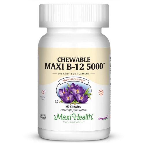 [BRSWIFQZA4CGKYLE] Maxi Health Chewable Vitamin B12 5000 mcg Tablets – B12 Chewables for Adults, Dual Form Methylcobalamin & Cyanocobalamin – Dissolvable B12 Tablets – Energy, Brain & Nerve Support – Kosher – 60 Count