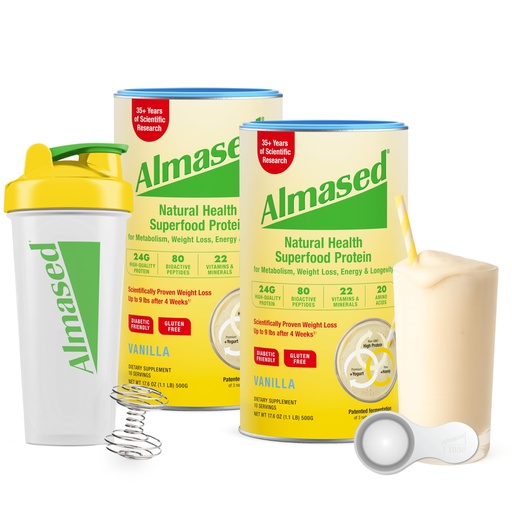 [BRSROZ35BMHAKCDB] Almased Meal Replacement Shakes for Weight Loss - Protein Powder - Starter Kit (Almond Vanilla Flavor, 2 Cans of 17.6 oz + Shaker Bottle + Scoop)