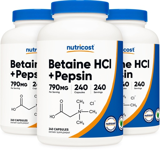 [BRSWGZIHCAPAYDQY] Nutricost Betaine HCl + Pepsin 790mg, 240 Capsules, 3 Bottles (720 Capsules)