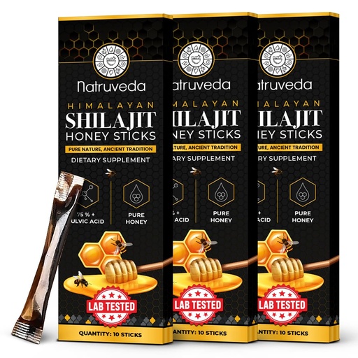 [BRSRABQEPJ4GMA3B] Natruveda, Himalayan Shilajit Honey Sticks for Men & Women - 75%+ Fulvic Acid & Trace Minerals - Raw Honey, Saffron & Himalayan Shilajit Resin - Stamina, Performance & Energy Support - (Pack of 30)