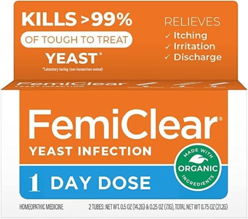 [BRSWYFQNA55BGE3H] FemiClear 1-Day Dose Yeast Infection | Yeast Infection Relief | Homeopathic Solution for Feminine Health | 0.25oz Yeast Infection Ointment, 1 Applicator and 0.5oz Ointment