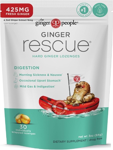 [BRSRAFIEB4HBU23V] The Ginger People Ginger Rescue Digestive Wellness Lozenges (Hard) | Regular Strength - 425mg | Morning Sickness, Nausea, Upset Stomach, Mild Gas & Indigestion, 30 Count (Pack of 1)