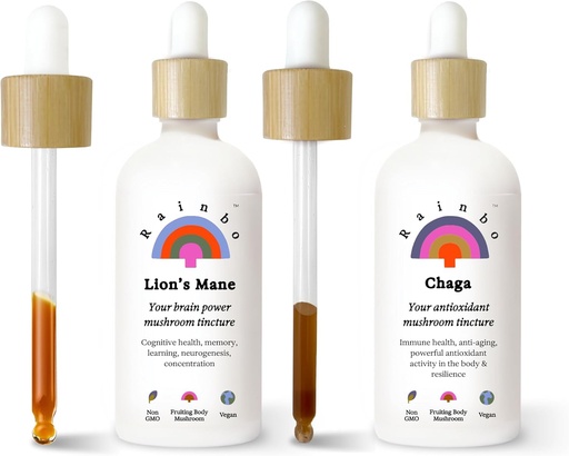 [BRSRAYIDOUMBYG3P] Rainbo Mushroom Bundle, Lion's Mane Mushroom Extract + Chaga Mushroom Tincture, Dual Extract Daily Mushroom Tinctures for Comprehensive Immune Support, Vegan Liquid Mushroom Supplements