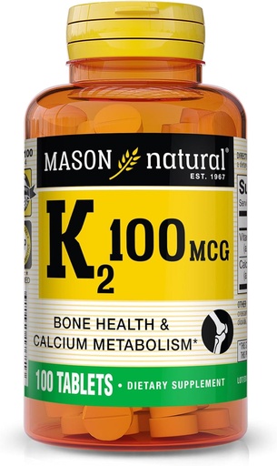 [BRSWI2YGPMDRMHD4] MASON NATURAL Vitamin K2 100 mcg with Calcium, Supports Bone, Heart & Muscle Health, 100 Tablets