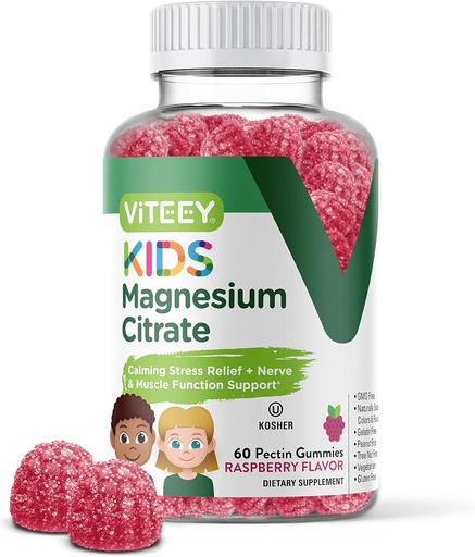 [BRSW2CAOCVYBO3Q6] Viteey Kids Magnesium Citrate Gummies - Supports Sleep Aid, Calm Gummies, Muscle Relaxer, Optimal Relaxation - Vegetarian, Gelatin Free, Gluten Free, GMO Free - Tasty Chewable Raspberry Flavored Gummy