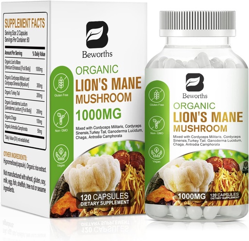 [BRSRMHQ5CR7GMYI7] Lion's Mane Mushroom - 120 Capsules | Organic Lions Mane Turkey Tail Mushroom Supplement Complex | Cordyceps, Chaga, Turkey Tail, Reishi | Mental Clarity, Focus Memory, Brain & Immune Boost