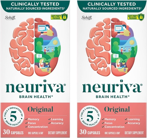 [BRSWGAYTAADWGYDG] NEURIVA Original Brain Supplement for Memory, Focus & Concentration + Learning & Accuracy with Clinically Tested Nootropics Fosfatidylserine and Neurofactor, Cafeine Free, 30 Capsules (2 Pack)