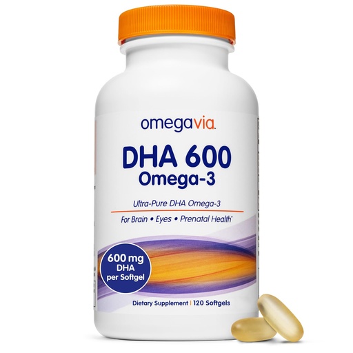 [BRSWICYGOMMRYA3G] OmegaVia DHA 600 mg, Ultra Pure Omega-3 DHA Supplements for Brain and Eyes, DHA Prenatal Vitamins for Women, Burpless Fish Oil Omega 3, IFOS Tested, 120 Softgels