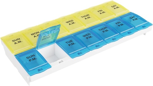 [BRSRAAQOCUAQGCTJ] EZY DOSE Pill Organizer Weekly AM / PM (7- nap), Medicine Planner, Vitamin Case / Box, 2X- Large Looking Commodities to Secure Prescription and Prevent Accendent Spilling, Blue and Yellow, BPA Free