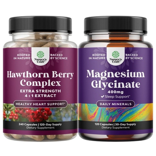 [BRSRAZYQCABAAFLP] Natures Craft Bundle of Extra Strength Hawthorn Berry Capsules - Extract Digestion and Heart Health Supplement and Pure Magnesium Glycinate 400mg Per Serving for Mood Sleep and Relaxation