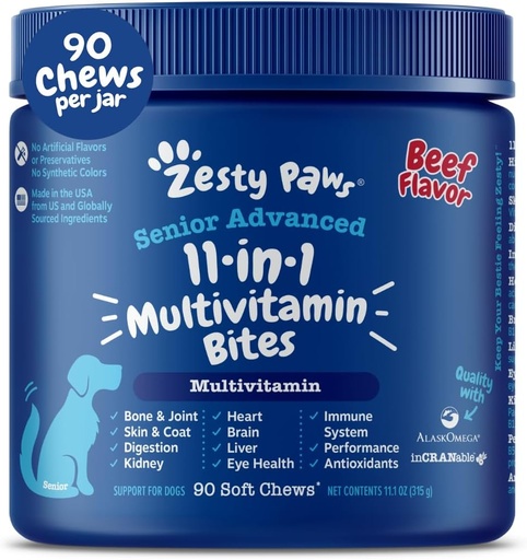 [BRSW2EALBV7A4E3Z] Zesty Paws Cão Senior Multivitamin Treats - Glucosamina para Cães + Enzimas Digestivas & Probióticos - Vitaminas e Suplementos para Cães Livres de Grãos para Pele & Revestimento + Carne saudável Imune - Avançado - 90ct