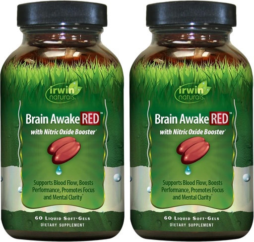 [BRSRMYL2C4CQ23L6] Irwin Naturals Brain Awake RED Focus & Mental Clarity Support (2 Pack) | With Nitric Oxide Booster | Ginkgo + L-Theanine + L-Citrulline | Productivity & Cognitive Performance | 2 X 60 Softgels