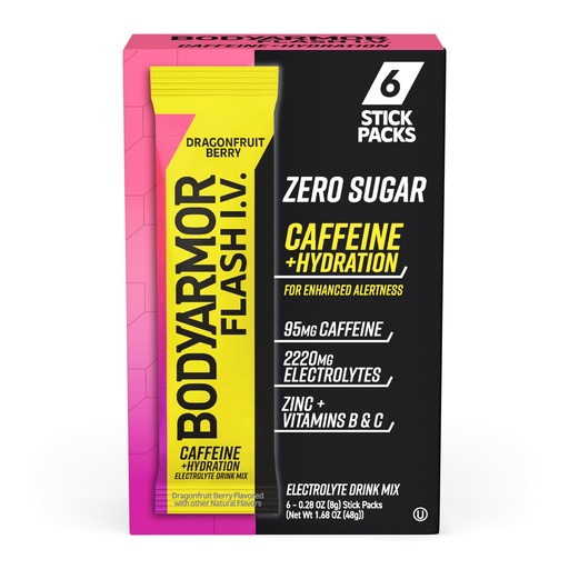 [BRSRAGQFB57GMDLF] BODYARMOR Caffeinated Flash I.V. Electrolyte Packets, Dragonfruit Berry, Zero Sugar Energy Drink Mix, Single Serve Packs, Hydration for Pre Workout, Just Add Sticks to Liquid (6 Count)