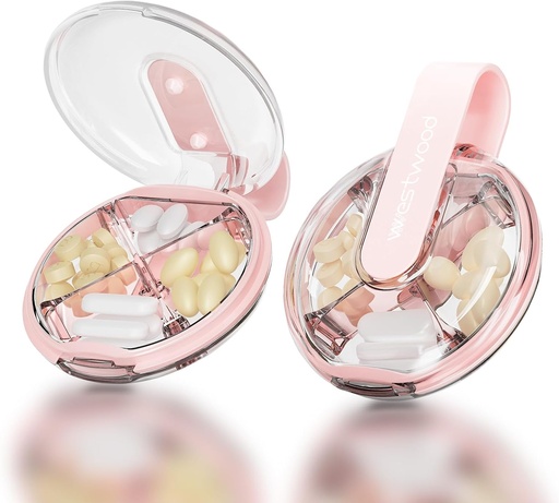 [BRSROGIBCR4AAEQY] 1 Pack easy-to-Hold Small Round Pill Organizer with Decorative Strap, 4 Compartments, Compact Travel Pill Box Case, Portable and Moistureproof to Store Vitamins, Medication and supplements