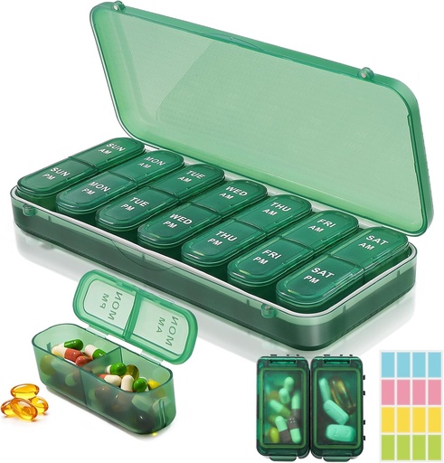 [BRSRAFA7BUMRYA32] Weekly Pill Organizer 2 Times a Day + 2 Detachable Pill Organizers kit - AM PM Travel Pill Organizer for Vitamin Medicine Supplement Fish Oil, Green Daily Pill Case 2 Times a Day