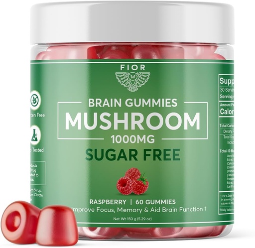 [BRSROYAFDJ7WK2A7] FIOR Naturally Sugar-Free Mushroom Gummy Total Mushroom Blend Supplement, 60 Count, Multi Mushroom Complex, Lions Mane, Chaga, Cordyceps, Reishi, Turkey Tail, Maitake, Shiitake, King Trumpet