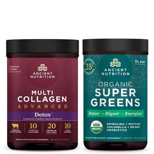 [BRSROAAKAV4BUDQY] Ancient Nutrition Multi Collagen Advanced Powder Cleanse & Detox, Unflavored, 36 Servings + Organic SuperGreens Powder, Greens Flavor, 25 Servings