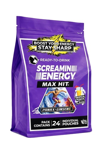 [BRSRAFI6BN6WA3QV] Screamin Energy Max Hit Tropical Punch Flavor - Maximum Strength Sugar Free Energy Shot with Ginseng, B Vitamins, and Caffeine - 24 Count