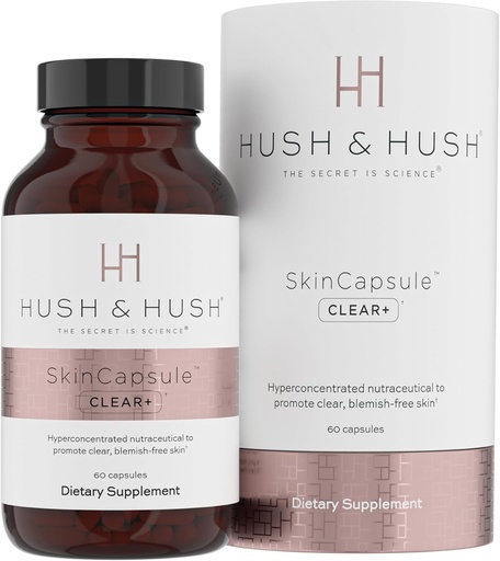 [BRSWYHQHCF6BYH3U] Hush & Hush SkinCapsule™ Clear+, Skin Care Supplement, Vegan, Acne Treatment for face, Clean Nutraceuticals Supplements That Contains Vitamin A, Turmeric, Dandelion Root, Zinc - 60 Capsules