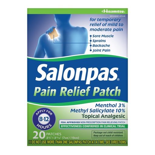 [BRSWYCYHOADQEG36] Salonpas Pain Relief Patch, 20 Count (Pack of 1), Up to 12 Hours Temporary Relief of Mild to Moderate Pain, Backache, Sore Muscle, Sprains, Bruises