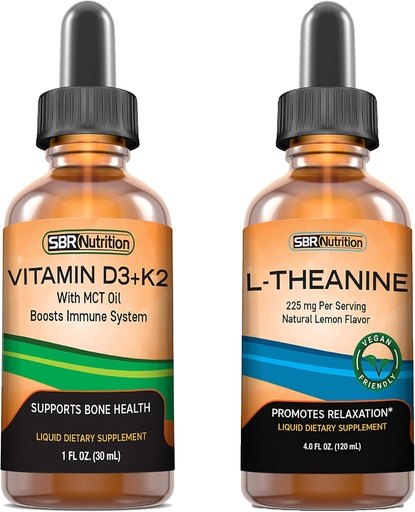 [BRSW2BAKCAIQE3I4] SBR Nutrition D3+K2 and L-Theanine Bundle Vitamin D3K2 (MK7) Liquid Drops, Peppermint, 1oz | L theanine 225mg Liquid Drops, 2oz | for Adults & Kids | Non-GMO, Gluten Free
