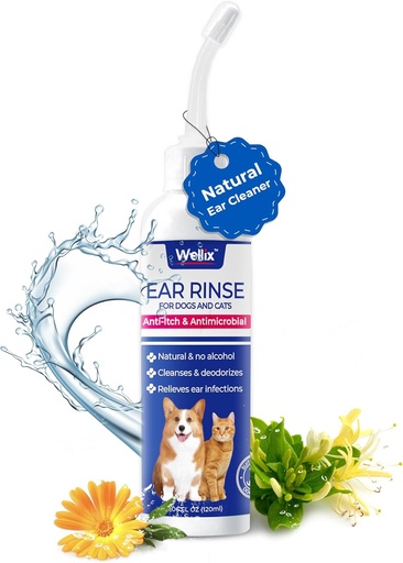 [BRSRAGAHCIDWKHLX] Wellix 120ml Ear Cleaner for Dog & Cat - Ear Infection Treatment Without Irritation - Dog Ear Wash for Itch Relief & Soothing Inflammation - Ear Wax, Powder and Odor Removal Drops