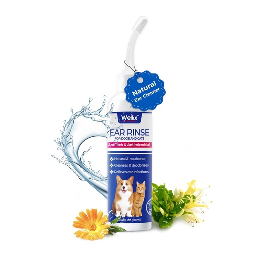 [BRSRAGAHCIDWKHLX] Wellix 120ml Ear Cleaner for Dog & Cat - Ear Infection Treatment Without Irritation - Dog Ear Wash for Itch Relief & Soothing Inflammation - Ear Wax, Powder and Odor Removal Drops