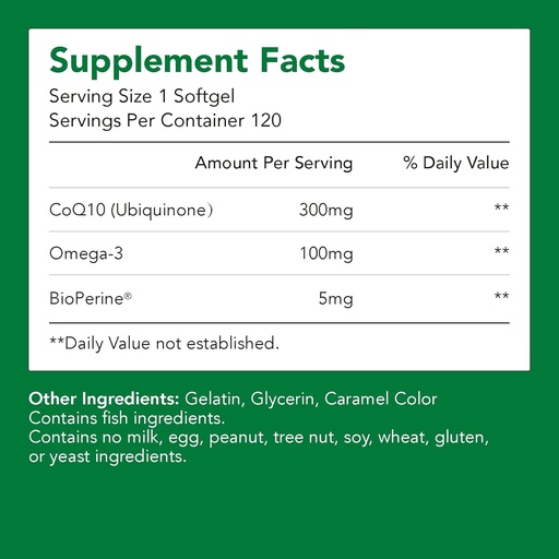 [BRSRAYYCOEFAIA3D] Supplements, Ubiquinone CoQ10 (Coenzyme Q10) 300 mg, BioPerine (5mg) | Supports Heart Health, Energy & Absorption (1 Bottle-120 Softgels-2mo Supply) | High EPA & DHA | Non-GMO, Gluten-Free