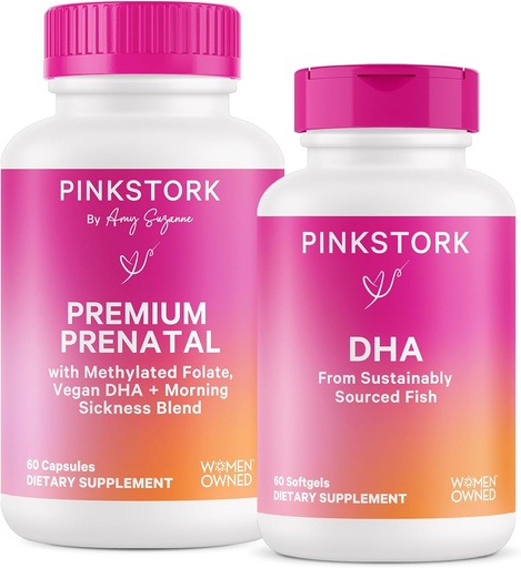 [BRSW2GQDBEHQI2AU] Cegonha Rosa Premium Duo Pré-natal: Vitamina Prenatal Premium + DHA, Probióticos Pré-Natais para Mulheres, Ómega 3 + Óleo de Peixe, Vitamina Pré-Natal com DHA e Ácido Fólico, Probióticos Mulheres