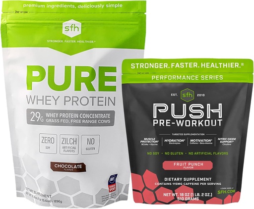 [BRSWYHT4BYHGA3I2] SFH Motivate & Gain Workout Bundle Pure Whey Chocolate Protein un push Pre-Workout pulveris