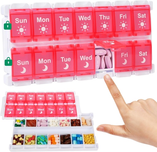 [BRSRAFQKPIFGOEL6] Shintop Weekly Pill Organizer 2 Times, Pink Pill Box Push Button Daily Vitamin Case Easy Fill Morning Night Medicine Organizer for Fish Oil Supplements
