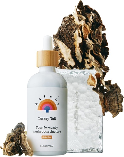 [BRSRAEI6BZYW2HI7] Rainbo - Turkey Tail Mushroom Tincture - Alcohol Free - Dual Extract Mushroom Supplement - Immune Support, Gut Health, Liquid Turkey Tail Supplement, Vegan, Non GMO, 3.4 fl oz