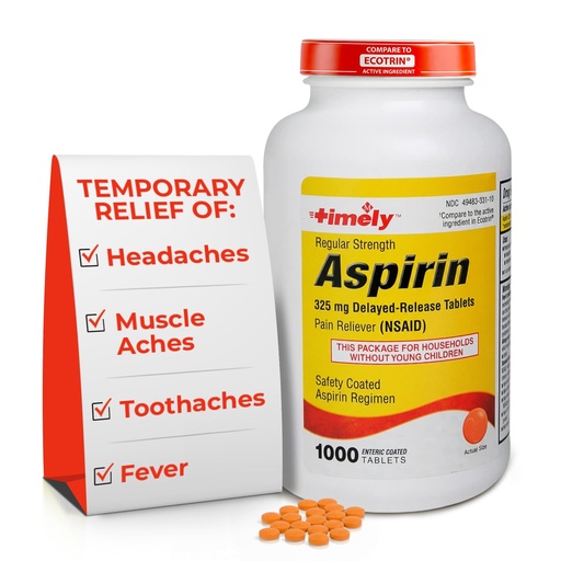 [BRSW2HDQCAORU3TZ] TIME-Cap Labs 1000 Regular Strength Aspirin 325mg – Delayed Release Enteric Coated Tablets for Minor Aches and Pains, NSAID Pain Reliever & Fever Reducer for Adults and Children 12 Years and Older