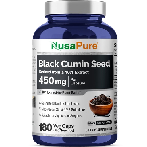 [BRSWYED2O4GRSDTL] NusaPure Black Cumin Seed, 450 mg, 180 Veg Capsules (Non-GMO, Vegan)