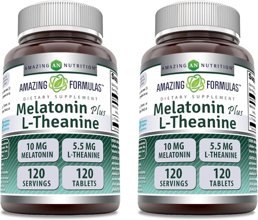 [BRSRAZATDJ7R6G32] Amazing Formulas Melatonin 10 Mg Plus L-Theanine 5.5 Mg Supplement | 120 Tablets | Non-GMO | Gluten Free | Made in USA | Pack of 2