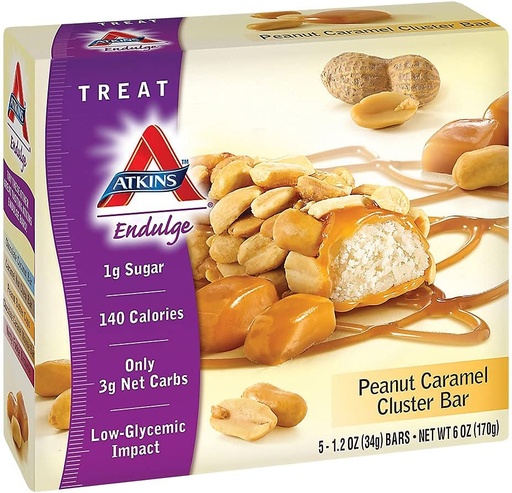 [BRSWIY33BF7GCC3U] Atkins Peanut Caramel Cluster Bar, Dessert Favorite, High in Fiber, 3g Net Carb, 1g Sukker
