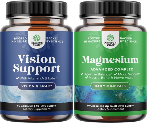 [BRSRAZI6C4MGM2T3] Bundle of Complete Eye Health Supplement for Adults for Vision Dry Eyes Pressure and Blue Light Protection and High Absorption Magnesium Complex Supplement for Stomach Digestion and Mood Support
