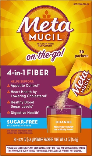 [BRSWIYYOOQMAEGDU] Metamucil Fiber 4-in-1 Psyllium Fiber Supplement Sugar-Free Powder Single-Serve Packets Orange Flavored Drink 2 Boxes of 30 Packets (OLD)