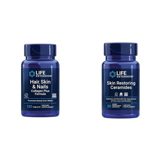 [BRSRAYYYBYGWACIZ] Life Extension Hair, Skin & Nails Collagen Plus Formula 120 Count & Skin Restoring Ceramides 30 Liquid Vegetarian Capsules