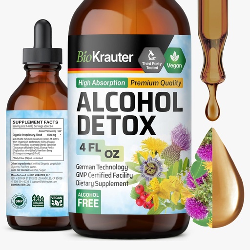 [BRSROGABB4JRGADH] BIO KRAUTER Alcohol Detox Tintura - Fígado Limpar Fórmula - Cardo de Leite & Dandelion - Extrato Líquido Detox de Fígado - Álcool e Açúcar Livre - Vegan Drops 4 Fl.Oz.