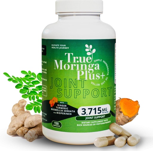 [BRSRAED7ORYAGYDD] True Moringa Plus+ Joint Support Supplement 10:1 Extract | 20,000mg of Organic Moringa, Turmeric Curcumin, Ginger, Boswellia, BioPerine | Extra Strength Herbal Antioxidant for Adults (150 Capsules)