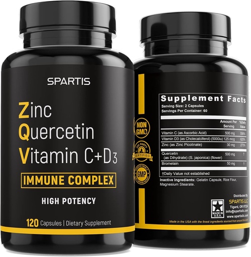[BRSW2ZYRAB6QEA3K] Zinc Quercetin 500mg with Vitamin C Vitamin D3 Bromelain Immune Support High Potency Quercetin Zinc Supplement ZQV by SPARTIS (Pack of 1 Bottle at 120-Caps)