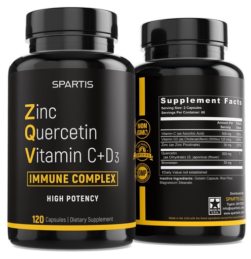 [BRSW2ZYRAB6QEA3K] Zinc Quercetin 500mg with Vitamin C Vitamin D3 Bromelain Immune Support High Potency Quercetin Zinc Supplement ZQV by SPARTIS (Pack of 1 Bottle at 120-Caps)